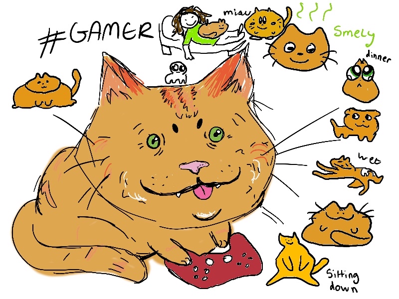 a digital drawing of several stanleys. the main stanley looks like the original illustrations of the cheshire cat, with a big head, small body, and mischievous expression. he is holding a red game controller. around him are many very small stanleys doing various things, such as laying on orion's belly, sitting very wide, and pleading for food